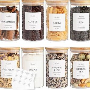 8 Pack Glass Jar with Airtight Bamboo Lid and White 132 Kichen Pantry Labels Preprinted - 21 Oz Clear Round Glass Food Storage Containers set For Tea Coffee Sugar Spice