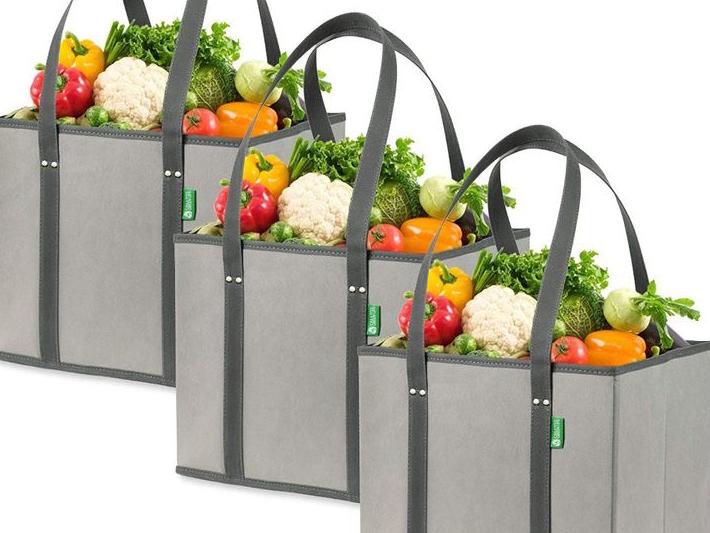 Reusable Grocery Shopping Box Bags (3 Pack - Gray). Large, Premium Quality Heavy Duty Tote Bag Set with Extra Long Handles & Reinforced Bottom. Foldable, Collapsible, Durable and Eco Friendly