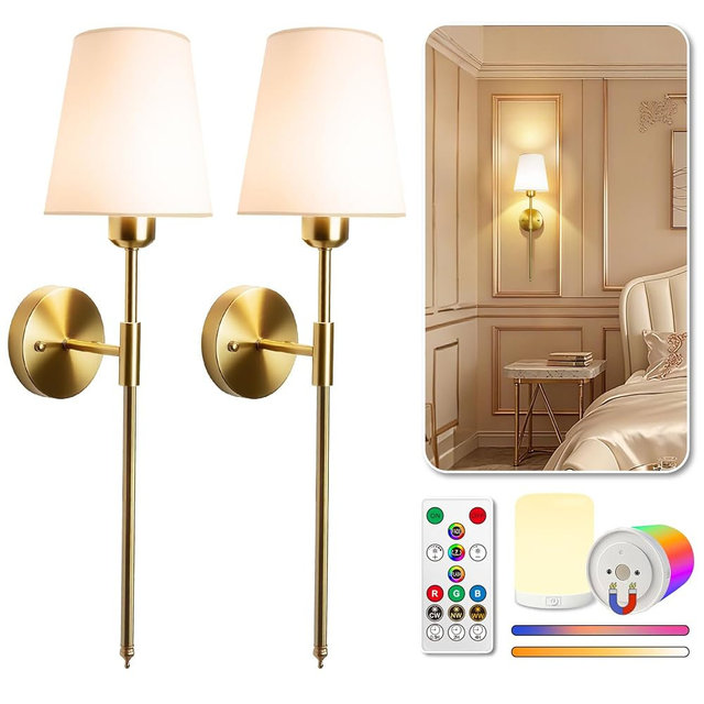 Adetu Wall Sconces Set of Two, Battery Operated Wall Sconce with 10000mAh RGB Dimmable Magnetic Bulbs and Remote, Rechargeable Wall Lights for Bedroom Living Room Hallway Decor