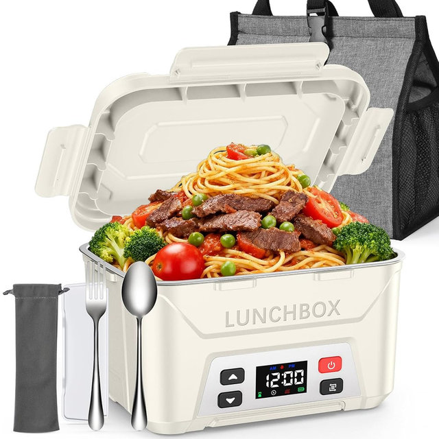 EAST OAK Cordless Electric Lunch Box for Adults, Battery Powered Heated Lunch Box for Work, Travel, 5.5 Cups Rechargeable Self Heating Food Heater, Memory Function & Automatic Keep Warm, White