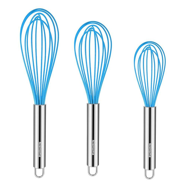 NileHome Whisk Commercial Stainless Steel wisk & Silicone Non-Stick Coated Small Whisk Set 8" 10" 12" Kitchen Wisk Wire Whisks for Cooking 3 Pack, Bule