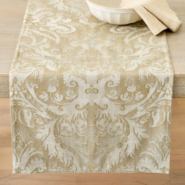 Stella Damask Organic Cotton Table Runner, 18x108" - Flax