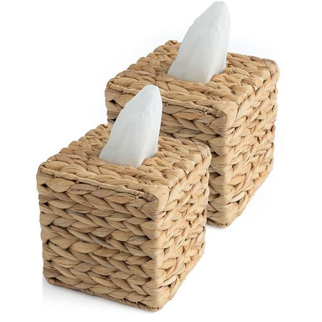 KOLWOVEN Square Tissue Box Cover- 5.7" x 5.7" x 5"- Decorative Woven Facial Tissue Holder with Hinged Top Lid- Facial Box for Home, Office,Bathrooms, Decoration (Square- Set 2)