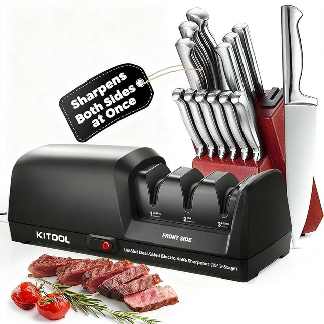 KITOOL Electric Knife Sharpener, Dual-Sided 3-Stage Sharpener with 100% Diamond Abrasives, Low Noise & Smart Temperature Control, for Straight, Serrated & Ceramic Kitchen Knives