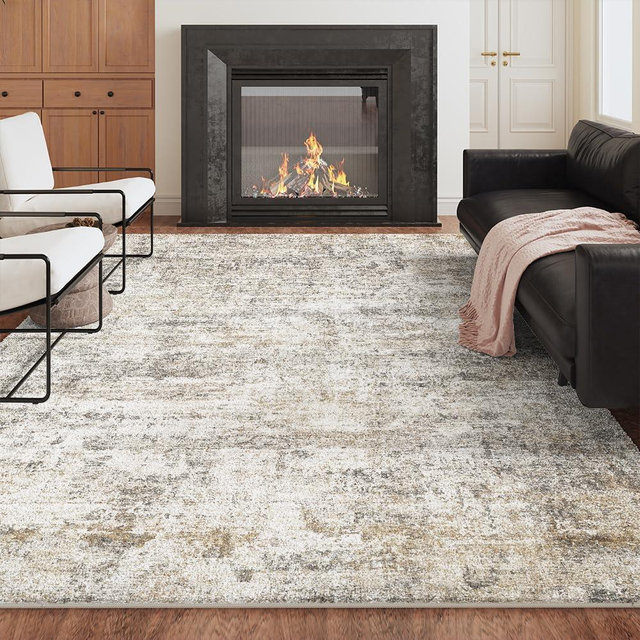 Area Rug 6x9 Washable Rug Grey and Beige for Living Room, Dining Room, Bedroom, Large Carpets, Non Slip & Non-Shedding Low Pile Vintage Print Rug for Home Office Decor