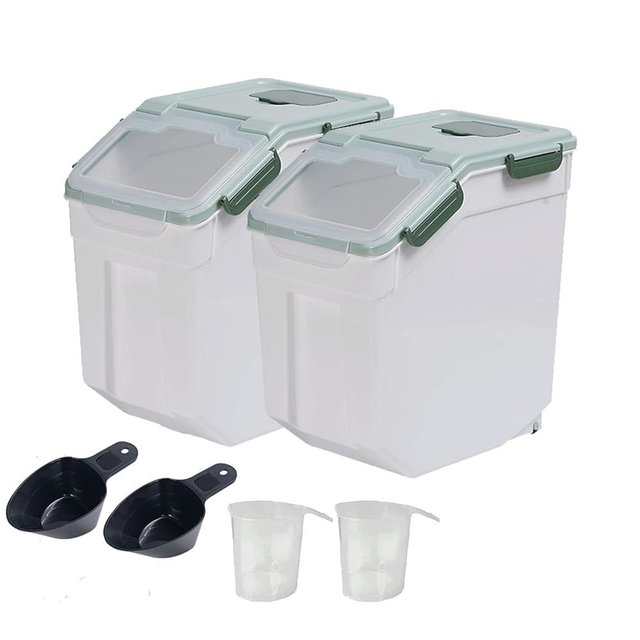 Begino Large Flour Storage Container Bin 25lb, 2Pack Airtight Rice Storage Containers with Wheels Seal Locking Lid, BPA Free with Measuring Cup&Scoop for Flour, Rice, Grain(Green)
