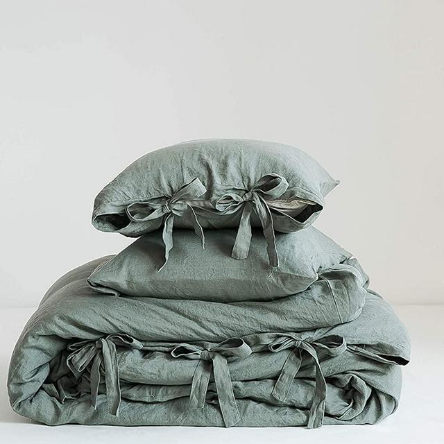 Simple&Opulence 100% Linen Duvet Cover Set, 3 Piece Belgian Flax Breathable Bedding, King Size 104''x92'' (1 Comforter Cover+2 Pillowshams) with Tie Closure Style, Greyish-Green