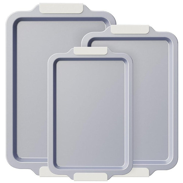 BRONYPRO Non Stick Ceramic Baking Sheet Pan Set of 3, Non Toxic Cookie Sheets (PFAS/PFOA/PTFE Free), Aluminized Steel Oven Trays with Silicone Handles, Rust-Resistant, Warp-Resistant to 500°F, Cream