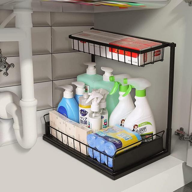 Reepor Under Sink Organizer,2-Tier Pull Out Cabinet Organizer Under Kitchen Sink Organizer,Under Cabinet Storage Multi-Use for Bathroom Laundry Kitchen Black