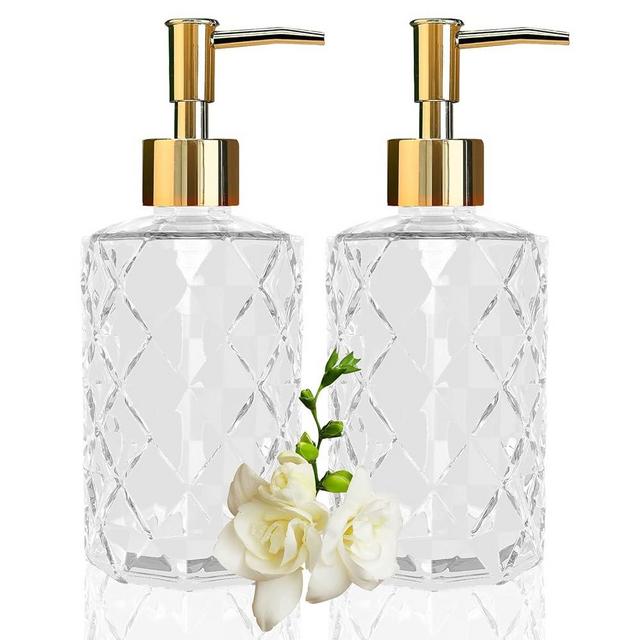 Crystal Clear Glass Soap Dispenser with Gold Pump, 2 Pack 12oz Diamond Hand Soap Dispenser, Refillable Lotion Dispenser & Dish Soap Dispenser, Bathroom Soap Dispenser for Liquid, Shower Gel