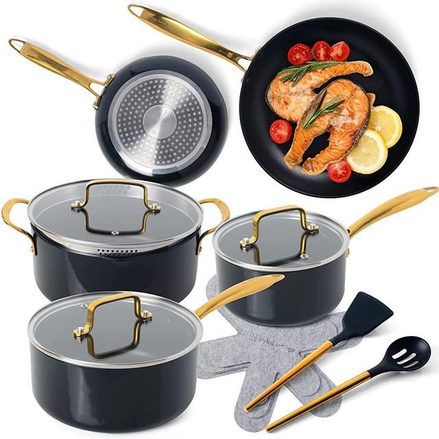 Styled Settings Black and Gold Pots and Pans Set Nonstick - 15 Piece Luxe Black Pots and Pans Set - Induction Compatible,100% PFOA Free Nonstick Frying Pans,Pot with Strainer Lid,Gold Kitchen Utensils