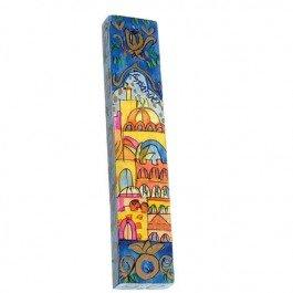 Yair Emanuel Small Wooden Mezuzah - Old Jerusalem Storeys with Ashkenazi scroll