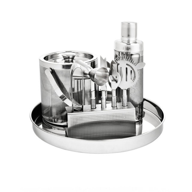 Signature Collection by Godinger Etched 9 Piece Stainless Barware Set Crafted From High Quality Stainless Steel with a Unique Etched Cross Hatching Design