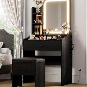 LIKIMIO Small Makeup Vanity Desk with Mirror and Lights, Vanity Table Set with Storage Drawer, Chair and Three Shelves, Bedroom, Black