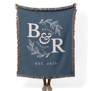 Studio Sam Personalized Woven Wedding Blanket with Monogram Names, Custom Tapestry for Couples, Anniversary, Engagement Gift (Blue, 80" x 60" Large)