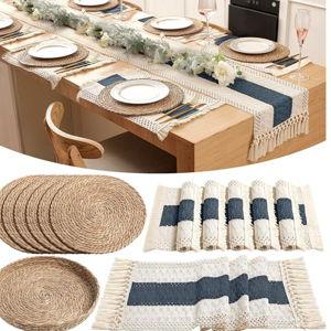 Boho Placemats 6 Set of Round Woven Placemat Macrame Style Bicolor Stitching Long Table Runner Farmhouse Rustic Natural Burlap Cotton for Kitchen Dining Table (6 Sets,Blue,12x72)