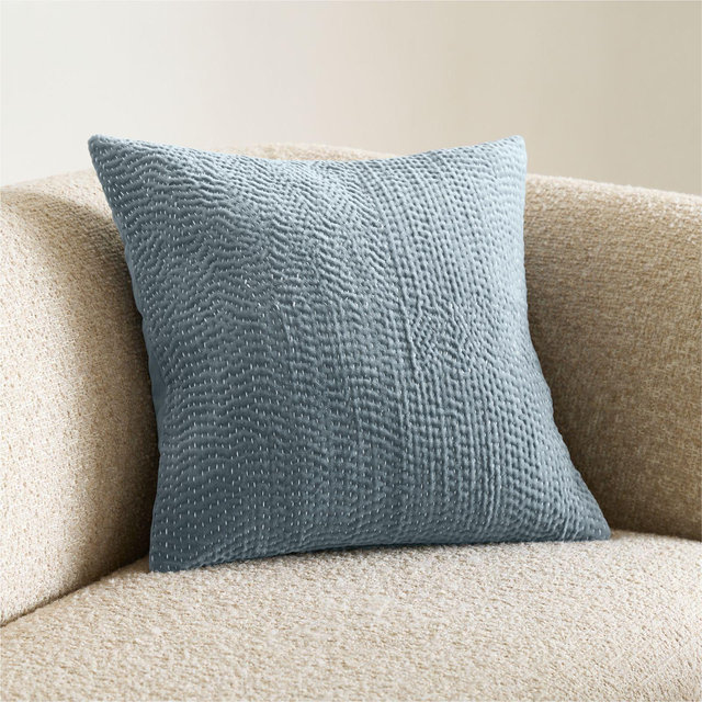Sashiko Organic Cotton Velvet 20"x20" Blue Throw Pillow with Feather Insert