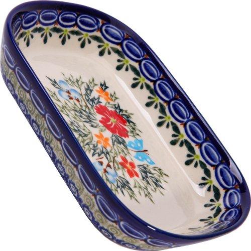 Polish Pottery Ceramika Boleslawiec, 0726/238, Butter Platter, 6 Long by 4 1/2 Inches Wide - 2 Cubes, Royal Blue Patterns with Red Cornflower and Blue Butterflies Motif