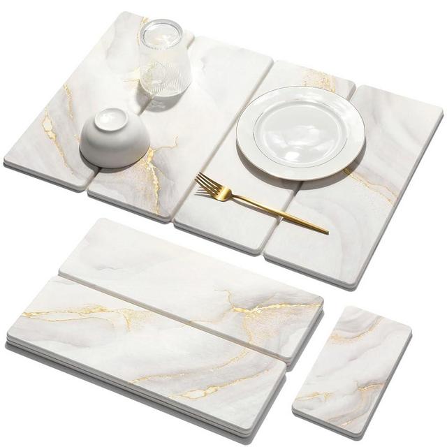 Large Stone Dish Drying Mat for Kitchen Counter, 2 PCS Quick Dry Stone Mats, Foldable Water Absorbing Diatomaceous Earth Drying Dishes Pad for Countertop Bottle Utensil Cup(Yellow White 24"x16"&8"x4")