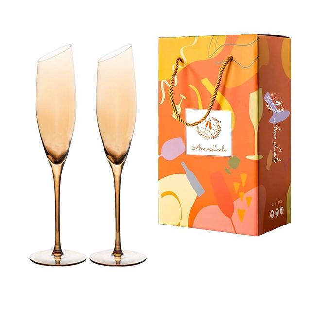 Amo Leale Wedding Champagne Flute Set, 2 Glasses for Bride and Groom, 100％Lead Free Quality Hand Blown Classy Modern Champagne Glasses, Great Gift for Engagement, Wedding, Anniversary (Tilt Yellow)