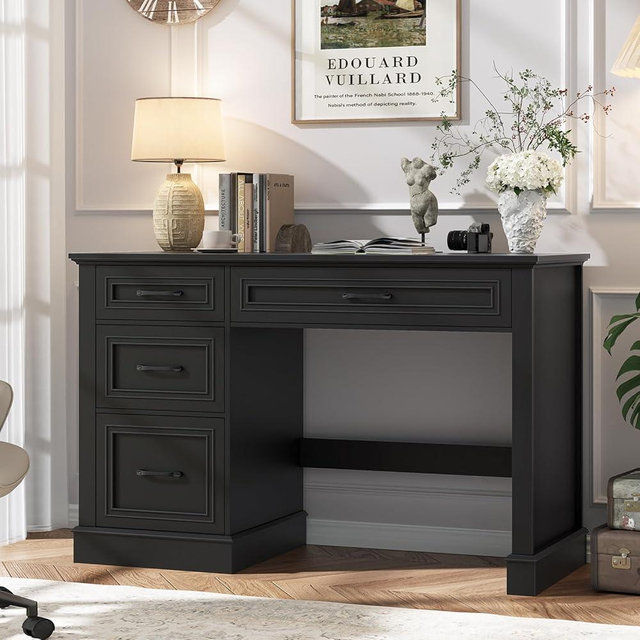 Emirde Farmhouse 47" Executive Desk with 3 Drawers and Adjustable File Drawer, Workspace for Home Office and Study, Pure Black.
