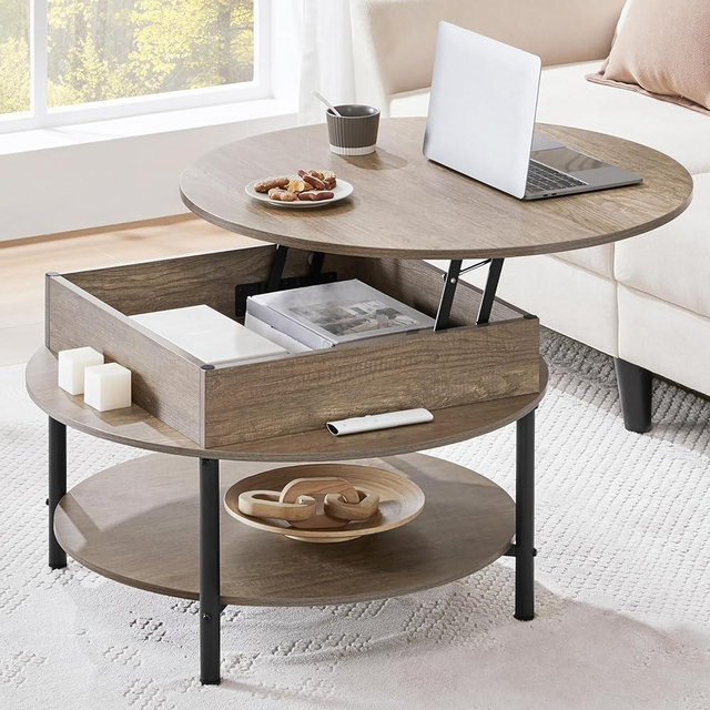 Yaheetech Round Lift Top Coffee Table with Hidden Compartment & Storage Shelf, 31'' Farmhouse Coffee Table Center Tables, 2-Tier Small Round Dining Table for Living Room Reception Room, Gray