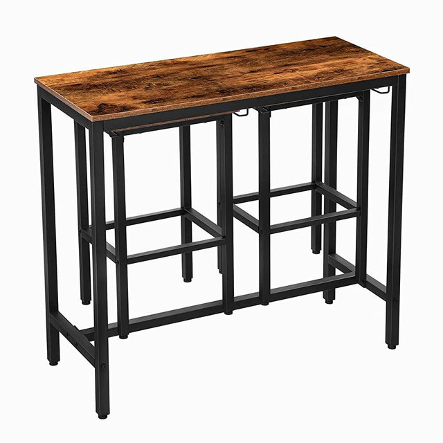 HOOBRO Bar Table Set, Bar Table with 2 Bar Stools, Hang Bar Chair Under Bar Table, 3 Piece Dining Table Set for Kitchen, Living Room, Saving Space, Sturdy Metal Frame, Rustic Brown BF54BT01