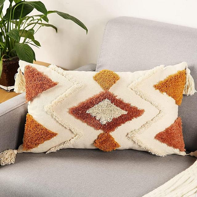 Merrycolor Boho Lumbar Throw Pillow Cover 12x20 inch,Bohemian Tufted Decorative Pillow Covers with Tassels for Couch Sofa Bedroom Living Room