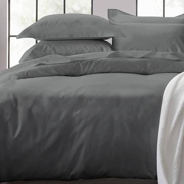100% Real Cotton Duvet Cover - Premium 400 Thread Count, Hotel Quality Comforter Cover, Silky Sateen Weave, Button Closure and Corner Ties (1 Piece, Dark Gray, King Size)