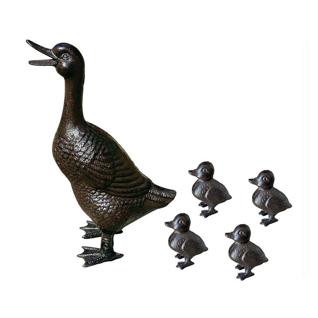 Vintage Cast Iron Duck Family Garden Statue, Rust Brown Mother Duck (15.7" Tall) with 4 Ducklings (3.6" Tall), Outdoor Decorative Sculpture Set for Yard Patio HC5387-6905
