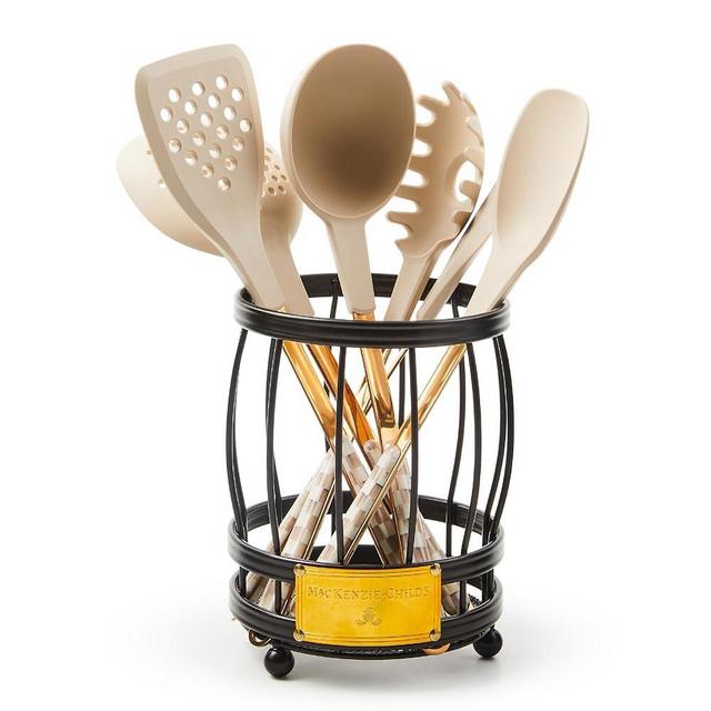 MACKENZIE-CHILDS Utensil Caddy Set with Kitchen Utensils, Brown-and-White Mocha Check
