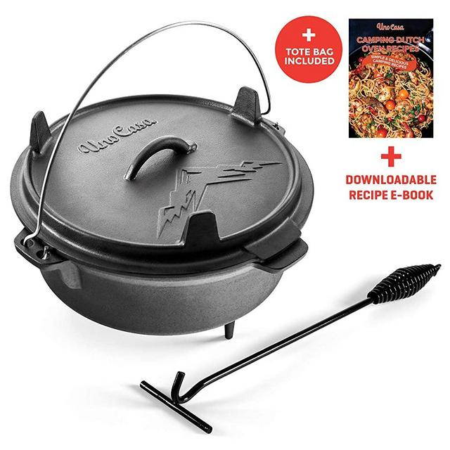 Uno Casa Cast Iron Camping Dutch Oven - 6 Quart Pre-Seasoned Camping Cookware Pot With Lid