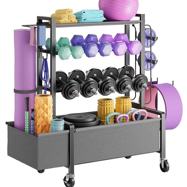 FavourLife Adjustable Dumbbell Rack, 4-Tier Movable Weight Rack Stand for Home Gym Up To 405lb with Lockable Caster & Hooks, Home Gym Equipment Storage for Dumbbell Kettlebell Yoga Mat Ball