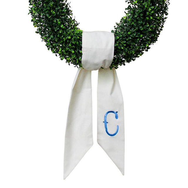Monogram Wreath Sash for Front Door, White Embroidered Linen Wreath Sash, Porch Accessory for Xmas Party Yard, Wedding, and Boxwood Decoration, Indoor Outdoor Décor - (C)