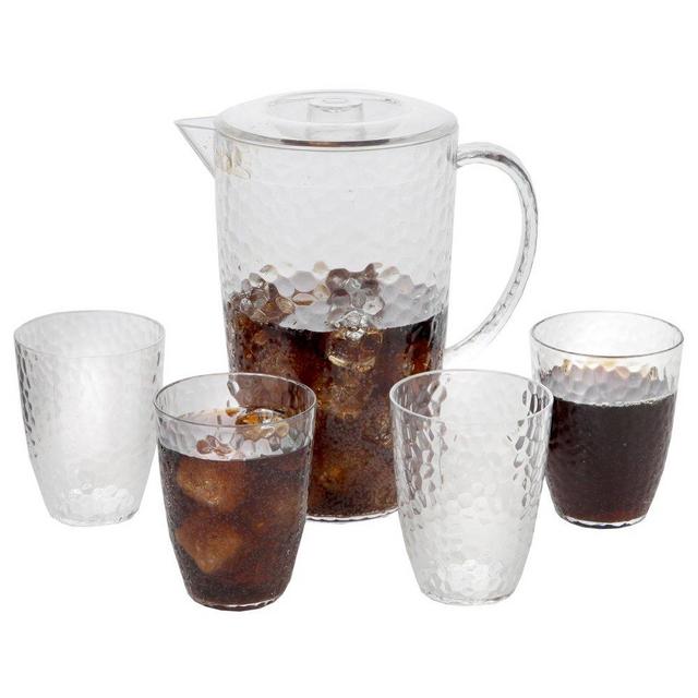 Home-X - Plastic Pitcher Set with Hammered Design, 64 oz Pitcher and 4 Matching Tumblers, Perfect Kitchenware Gift for Dinner Parties, Barbecues, Celebrations and Friendly Get-Togethers
