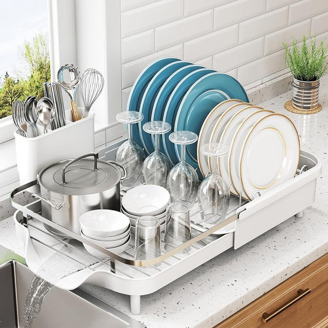 Dish Drying Rack - Expandable Dish Rack for Kitchen Counter, Stainless Steel Dish Drainer with Drainboard Set and Utensil Holder, Sink Drying Dish Strainer Rack (White)