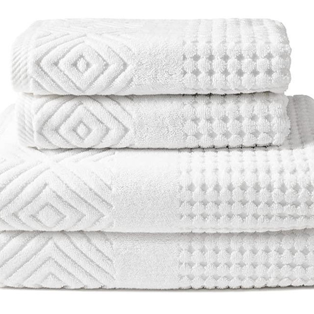 Texere 100% Organic Cotton Diamond Jacquard 700 GSM Luxury Bath Towel Sets - Ultra Soft and Absorbent Hotel and Spa Quality (Diamond, Bright White, 2 Bath & 2 Hand Towels)