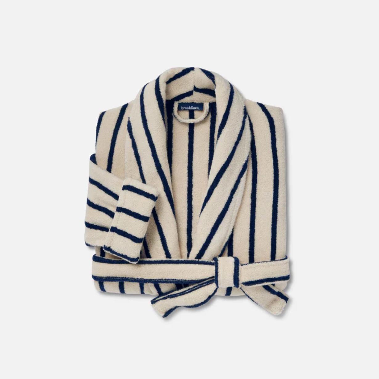 Brook Linen Super-Plush Robe (Striped Midnight Navy)