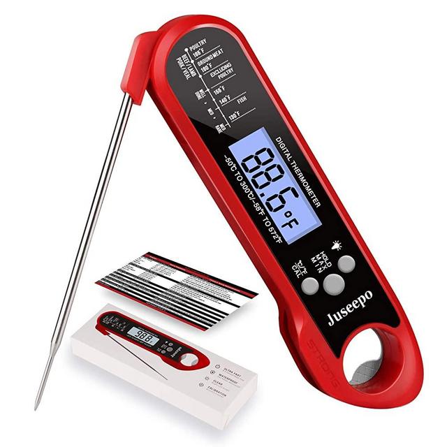 Juseepo Instant Read Waterproof Meat Thermometer - 2s Instant Read Ultra Fast Cooking Thermometer with Backlight & Calibration.Best Kitchen Food Thermometer for Cooking, Outdoor Grill and BBQ(Red)