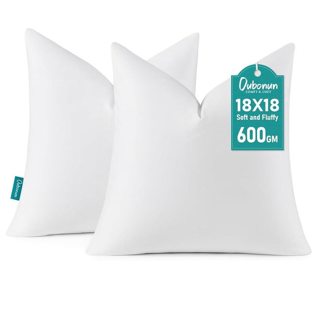 Oubonun 18 x 18 Down Feather Throw Pillow Inserts - Fluffy and Plush Odor-Free Fill - 100% Breathable Cotton Fabric for Couch Sofa Bed, White, Pack of 2