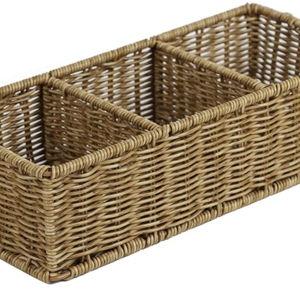 Waterproof Wicker Basket With 3 Compartments, Hand Woven Bathroom Counter Organizer, Small Storage Basket for Toilet Paper Storage, Countertop Shelf Toilet Tank (Light Brown)
