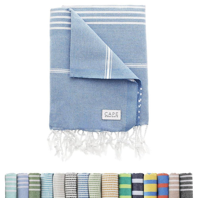 Cape Comforts Oversized Turkish Beach Towel, Diamond Dobby Denim Blue - 37'' x 67'' - Super Soft & Lightweight | Quick Dry Sand Free Travel Towels for Beach or Bath | Gifts