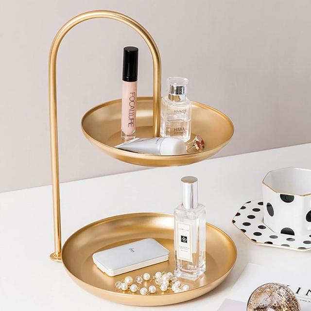 Aendraty Necklace Holder Jewelry Stand Display 2-Tier Tabletop Jewelry Organizer Tower for Show Jewelry Bracelets Necklaces Earrings with Two-Tiered Storage Tray （Nordic Style） Gold