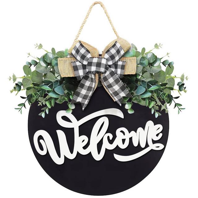 Welcome Sign for Front Door, Front Door Decor for Farmhouse Porch Decorations, Rustic Welcome Wreaths Sign with Stapled Greenery, Round Wooden Hanging Sign Housewarming Gift for Home Outdoor Indoor (Black)