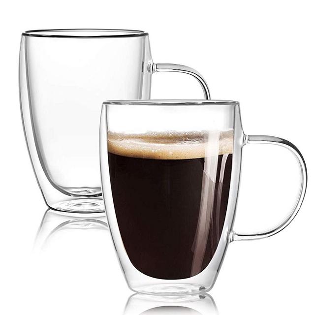 [2-Pack,12 Oz] Double Wall Glass Coffee Mugs with Handle,Insulated Coffee Glass,Clear Espresso Cups,Glass Cappuccino Cups,Tea Cups,Latte Cups,Beverage Glasses,Heat Resistant,Dishwasher Microwave Safe