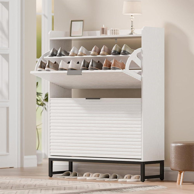 MU Shoe Storage Cabinet with 2 Flip Drawers, Freestanding Fluted Shoe Cabinet, Narrow Wood Shoe Cabinet, Hidden Shoe Organizer with Metal Legs for Entryway, Foyer, Hallway, White