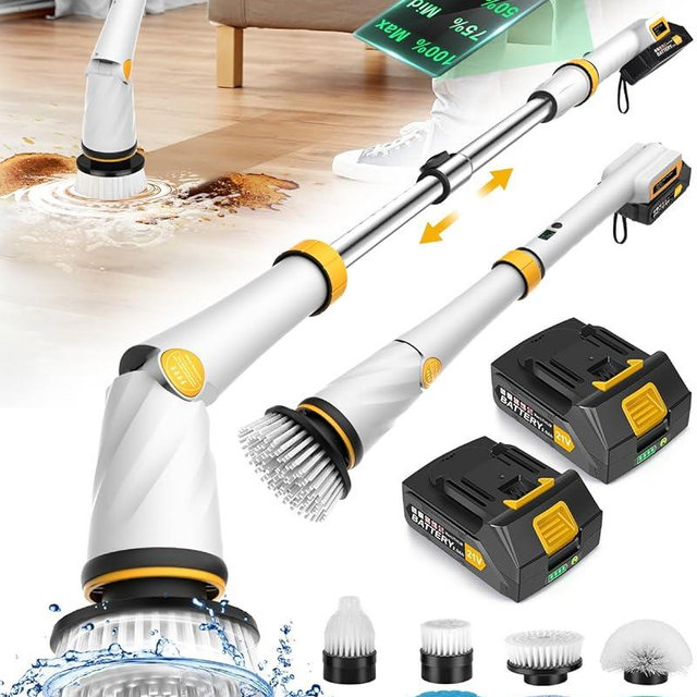 1200 RPM Powerful Electric Spin Scrubber with 8 Cleaning Brush, 2 Battery Cordless Shower Scrubber with 3 Speeds Display & 50inch Retractable Handle, IPX7 Waterproof Power Scrubbers for Deep Cleaning