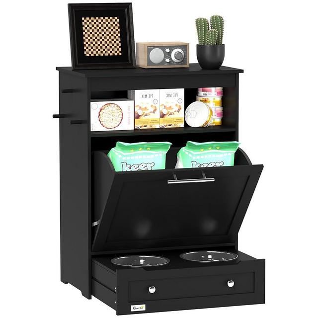 PawHut Dog Feeding Station, Dog Food Storage Cabinet Container with Dog Raised Bowls and Hanger for Feeding & Watering Supplies, Black