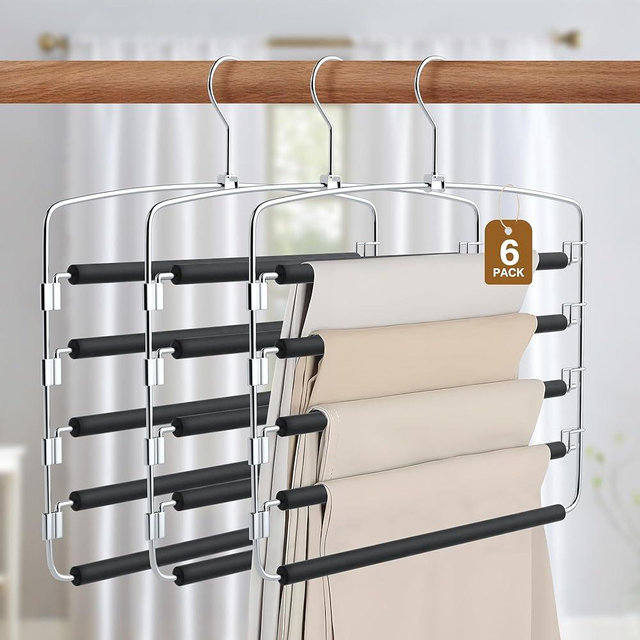 Cycleacc Pants Hangers, 6 Pack Anti-Slip Space Saving Hangers, 5 Layer Swing Arm Pants Hanger Stainless Steel with Non-Slip Padding, Closet Organizers & Storage for Pants Trousers Jeans Scarf