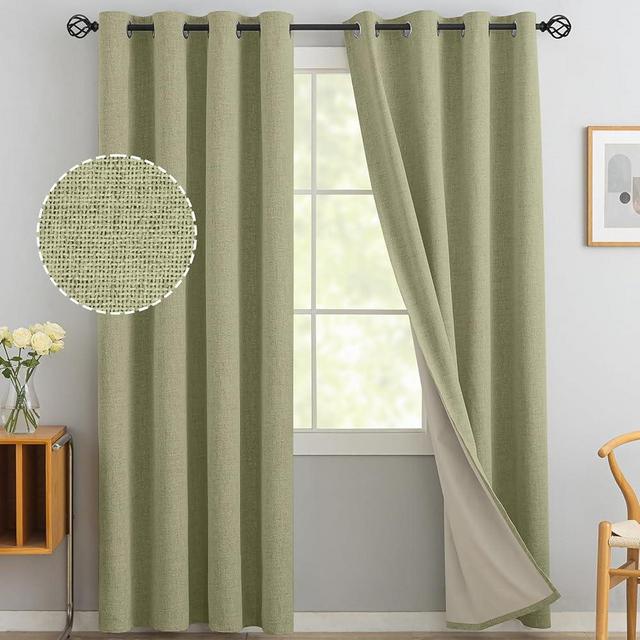 Yakamok Sage Green Linen Curtains 100% Blackout 84 Inches Long,Room Darkening Textured Curtains for Living Room Thermal Grommet Bedroom Curtains 2 Panels with Greyish White Liner